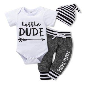 Maxcozy Infant Baby Boy Outfits Little Dude Bodysuit+ Pants+Hat 3PCS Set 6-12 Mo